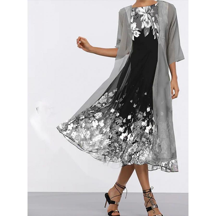 Two Piece Chiffon Printed Slim Fit Long Dress for Women, Fashion and Elegant
