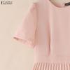 ZANZEA Women Casual Round Neck Short Sleeve Elegant Pleated Dress