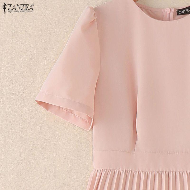 ZANZEA Women Casual Round Neck Short Sleeve Elegant Pleated Dress