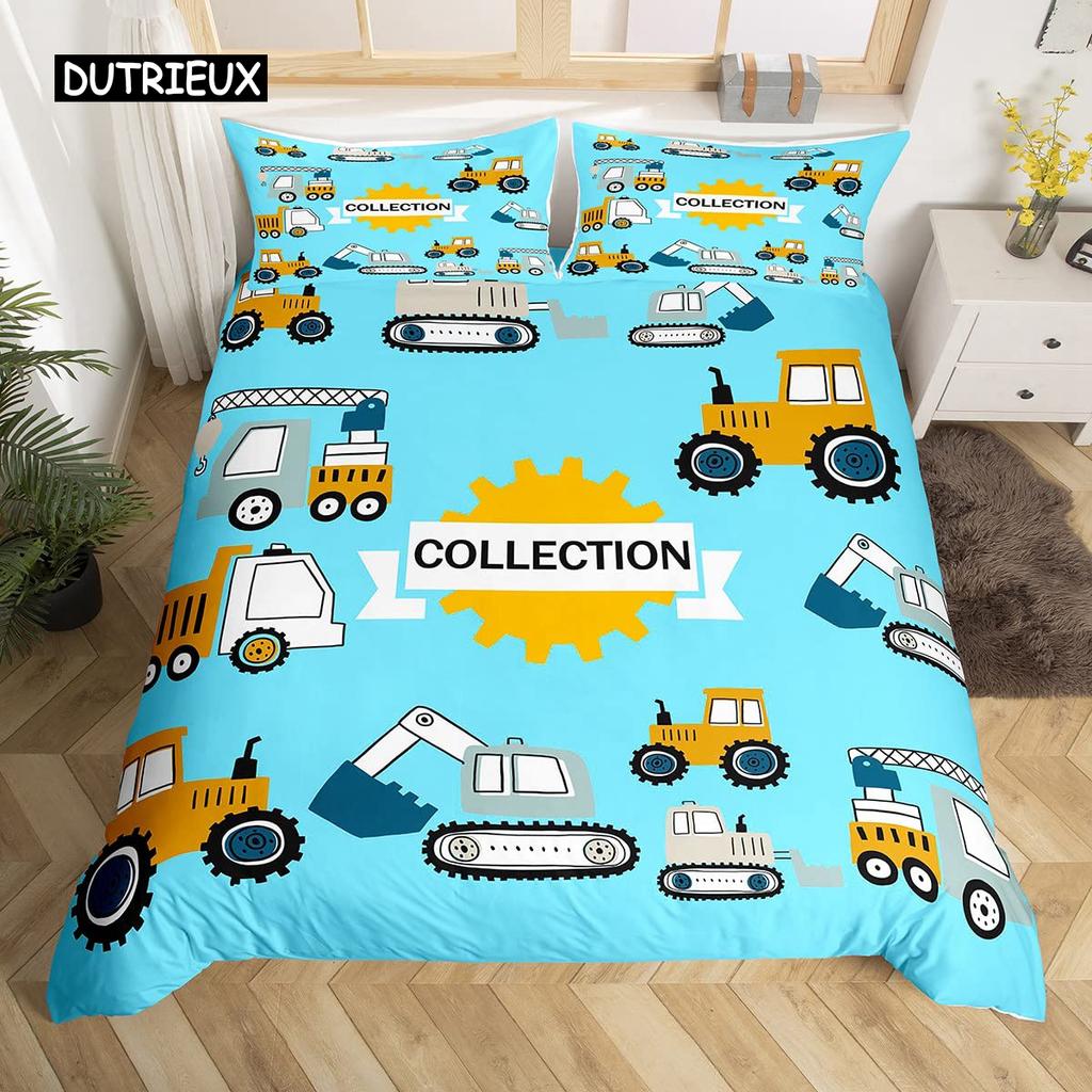 Kids Equipment Trucks Duvet Cover King Boys Cartoon Car Excavator Tractor Bedding Set Construction Highway Comforter Cover Set
