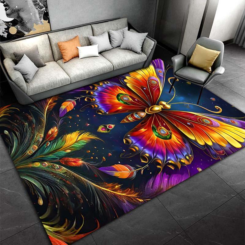 Colorful Butterfly Carpet with Peacocks and Feathery Design Pattern Suitable for use as an anti-slip for living room bedroom sofas