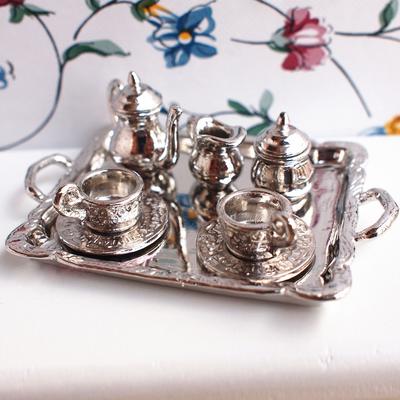 10pcs 1:12 Dollhouse Miniatures Silver Metal Tea Coffee Tray Set Tableware