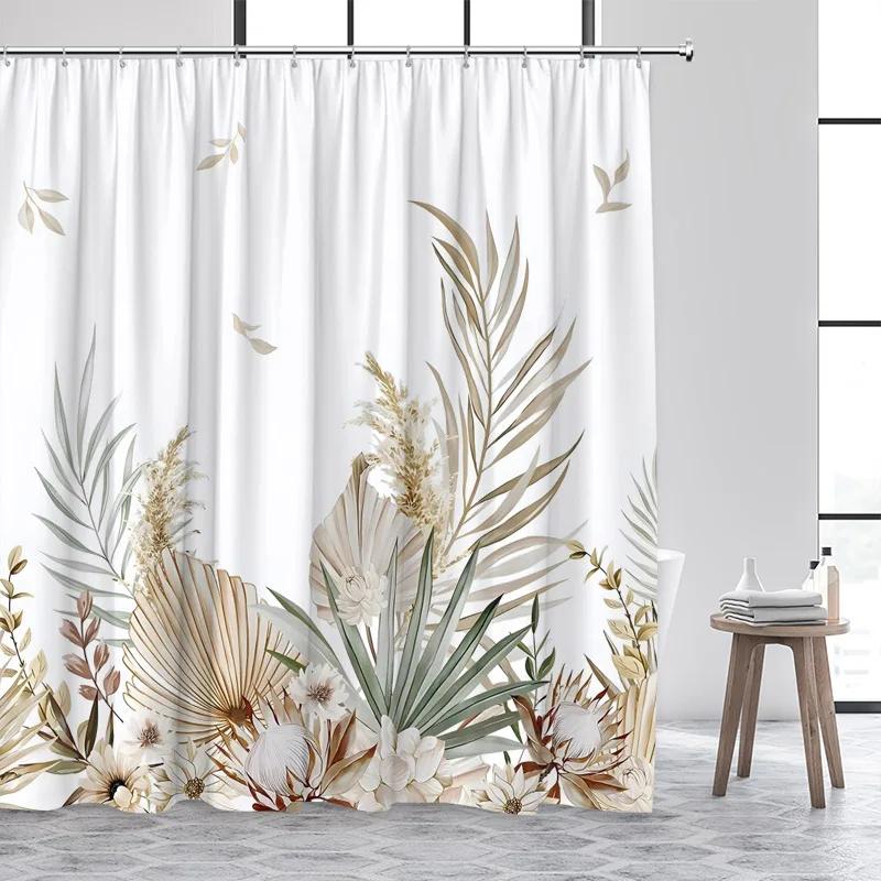 Eucalyptus Leaves Shower Curtain Watercolor Hanging Brown Leaf Pink Floral Fall Bath Curtains Fabric Bathroom Decor with Hooks
