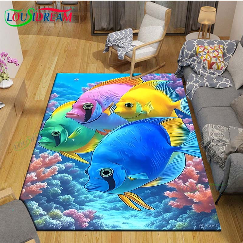 Marine Fish, Sea Turtles, Jellyfish Printed Carpet Outdoor Area Rug Non -slip Carpet Bedroom Decor Carpet for Living Room Gift