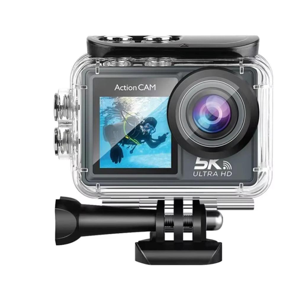 Action Camera Stabilizzata WiFi, Risoluzione 5K, 30FPS, Doppio Schermo, Obiettivo Grandangolare 170°, Impermeabile fino a 30 metri, Action Camera con Telecomando