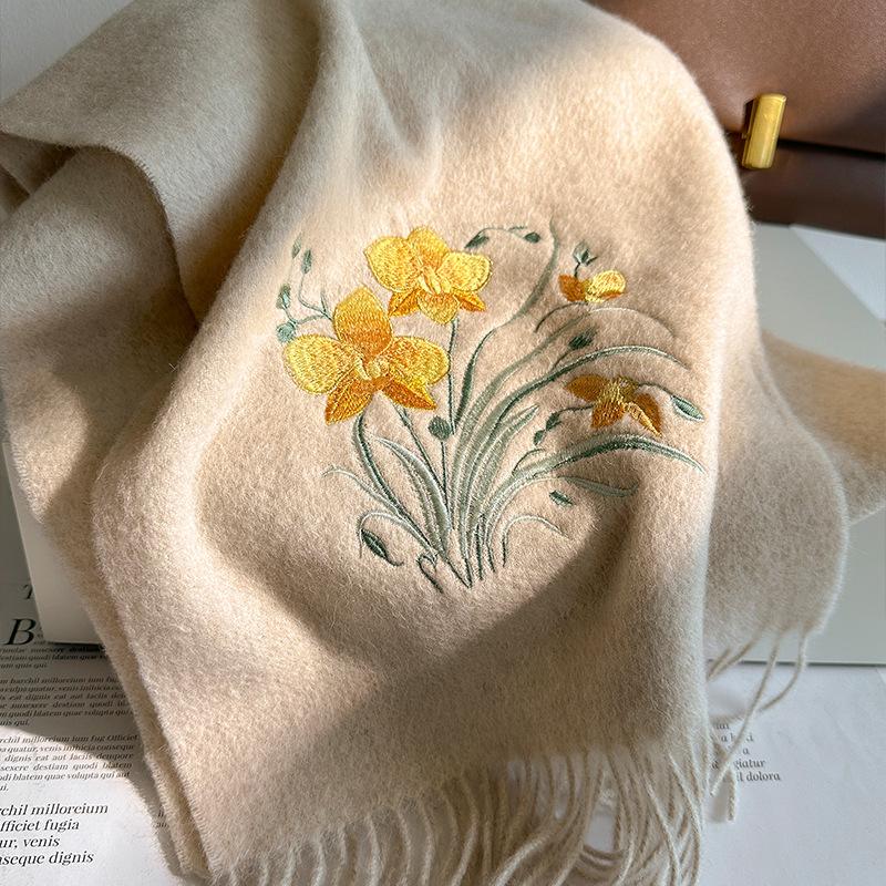 100% Wool Winter Scarf For Women Warm Embroidery Scarves Hijab Solid Lady Shawl Wrap Female Pashmina Bandana Head Scarfs New