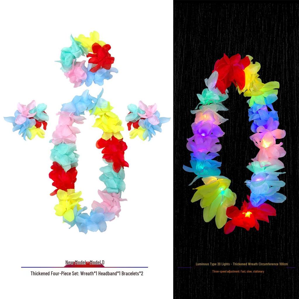 Hawaiian Luminous Flower Garland & Hula Skirt Set - Summer Costume Accessories for Annual Stage Events
