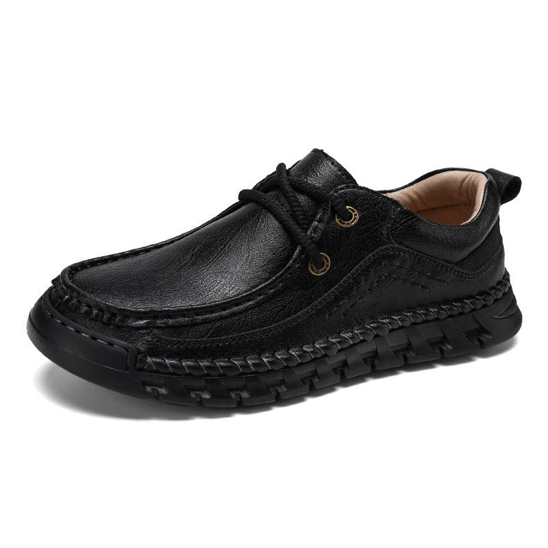 Men's Autumn Hand-Stitched Leather Driving Shoes - Large Size, Low-Top, Lace-Up, Flat Sole