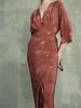 Elegant Burgundy Silk Wrap V-Neck Dress with Mid Sleeves