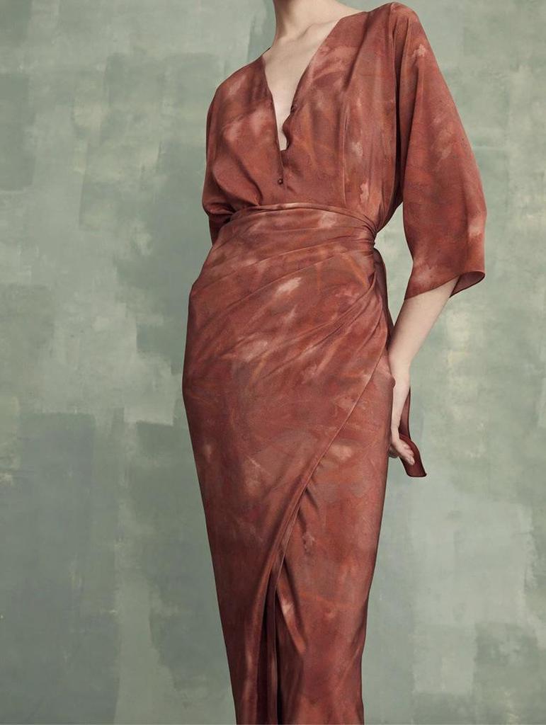 Elegant Burgundy Silk Wrap V-Neck Dress with Mid Sleeves