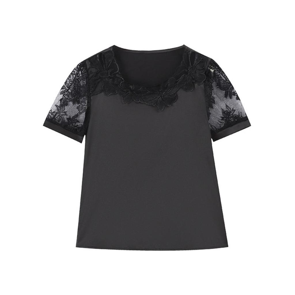 Tricou de vară cu mânecă scurtă din dantelă patchwork pentru femei, cămașă de bază versatilă supradimensionată din satin, top cu design de nișă