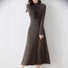 Slimming Mid-length Dress for Women Half Turtleneck Knitted Dress Solid Color A-line Sweater Dress for Autumn and Winter