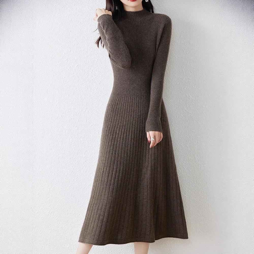 Slimming Mid-length Dress for Women Half Turtleneck Knitted Dress Solid Color A-line Sweater Dress for Autumn and Winter