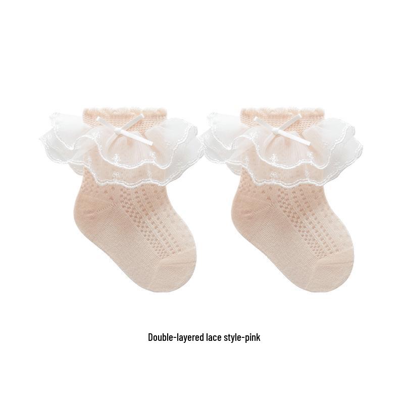 2024 Summer Girls' Thin Mesh Seamless Lace Bow Mid-Calf Socks