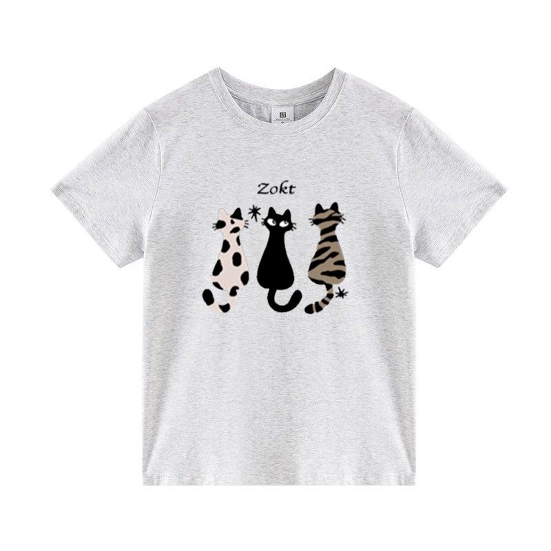 Grey Crew Neck Front Shoulder Short Sleeve T-Shirt Women s American Retro Cartoon Cat Print Casual Versatile Cotton Top Women S