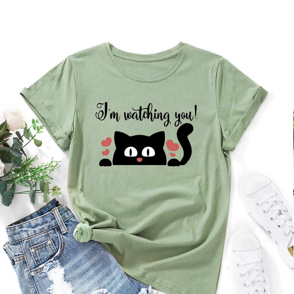 

Women s Letter Playful Cat Loose Round Neck Short Sleeved T-shirt for Women Shirt S
