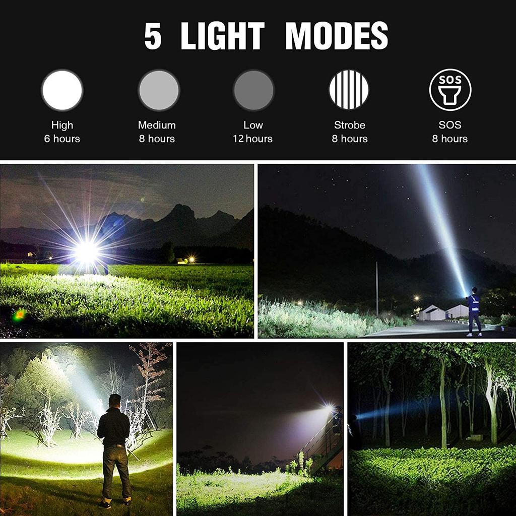D2 90000 Lumens Rechargeable LED Tactical Flashlight 5 Modes Adjustable Focus 18650 26650 AAA Rechargeable Torch Light Lantern