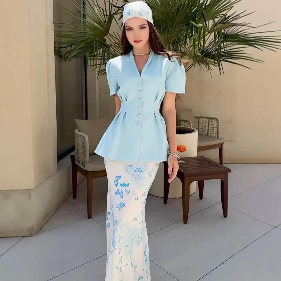 European and American new cross-border waist temperament women's button lapel solid color short-sleeved jacket printed hip skirt set