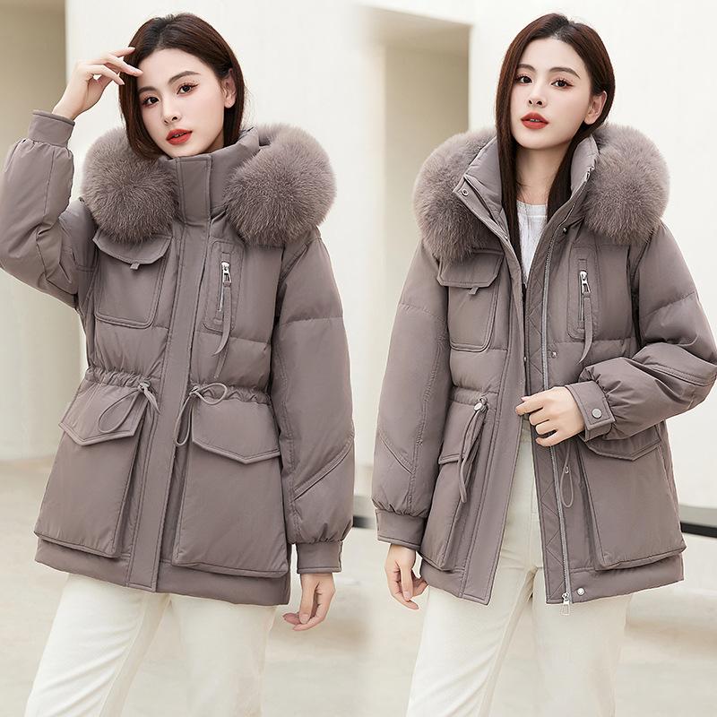 Big Fur Collar Down Jacket Women's New Hooded Thickened Mid-length White Duck Down Slim Coat Winter