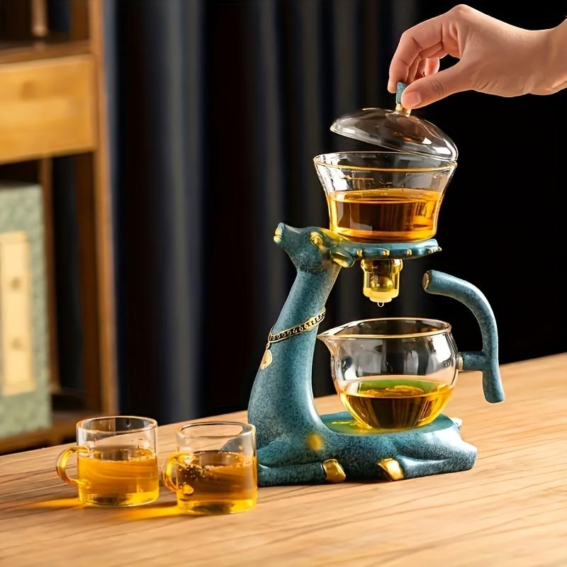 1 Set Glass Teapot Set Lazy Kungfu Tea Pot Set Deer Automatic Drip Rotating Tea Set With Infuser Office Blooming Tea Pot Set For Home Restaurant Hotel