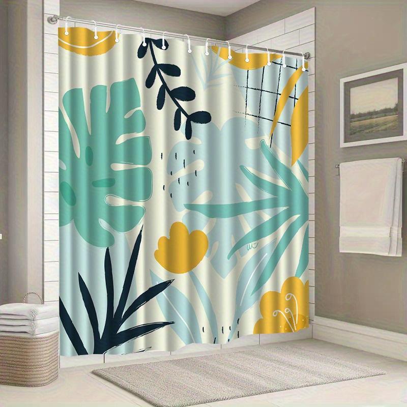 1Pc Leaf And Floral Patterned Shower Curtain With Hooks, Machine Washable Polyester, Suitable For Bathroom Dcor.