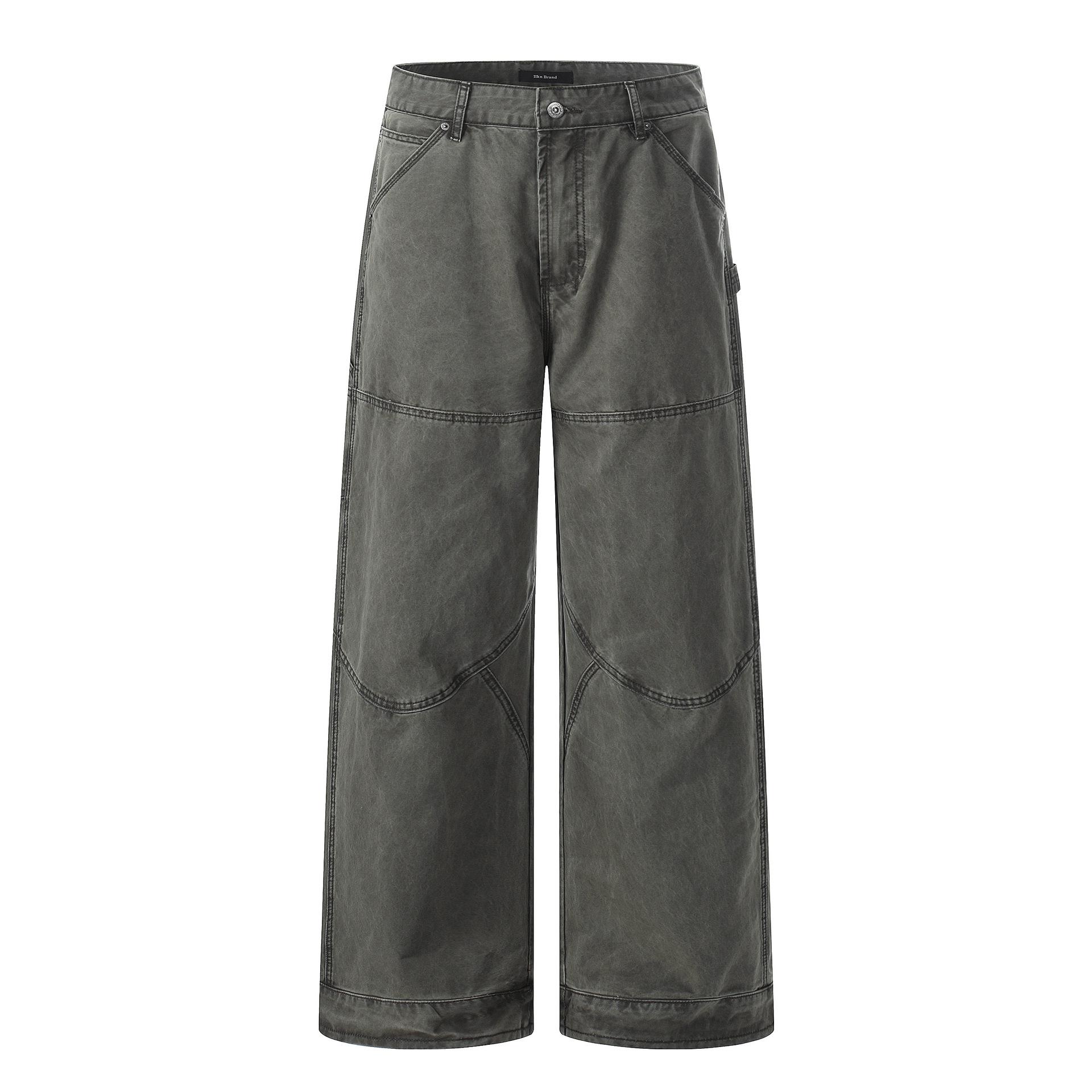 Yongfang Unisex Retro Denim Patchwork Pants - Loose, Deconstructed, Casual, Wide-Leg, Streetwear. Large