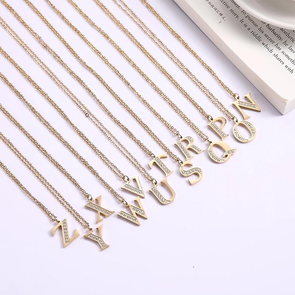 Women Clear Zircon 26 Letters Pendant Necklace Stainless Steel Gold A-Z Alphabet Choker Initial Necklaces Jewelry