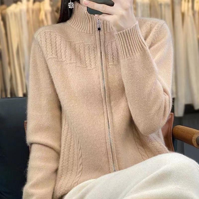 2024 Women's Retro Zipper Cardigan: Autumn Winter Loose Knit Semi-High Neck Sweater