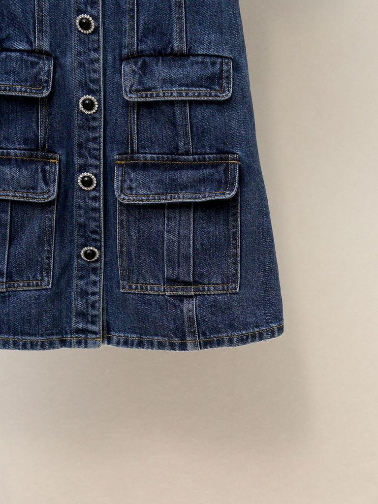 Women's Autumn French Style Rhinestone Turn-Down Collar A-Line Denim Dress