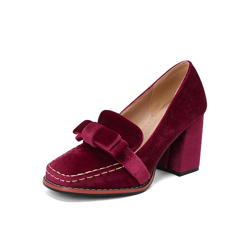 

Matte Velvet Material Square Toe Car Stitching Bow Decal Shallow Women s Pumps Super High Thick Heel Elegant Noble Shoes 34