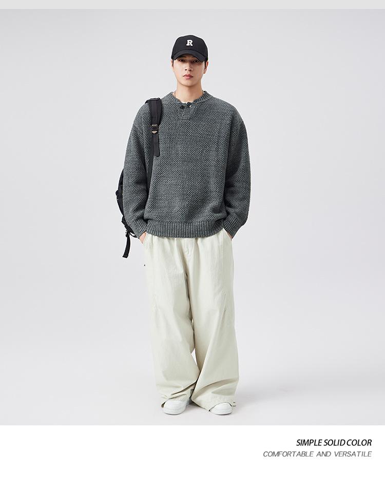 Plus Size Retro Henley Sweater: Men's Autumn/Winter Warm Loose Knitwear