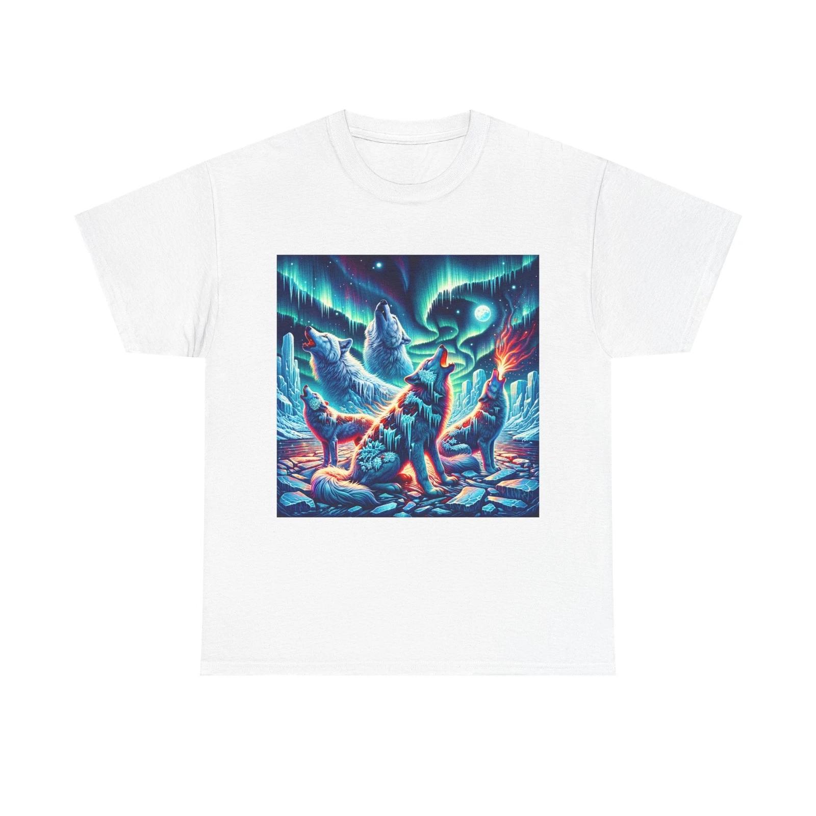 Unisex Adult T Shirt Arctic Wolves in Frostfire Aurora L