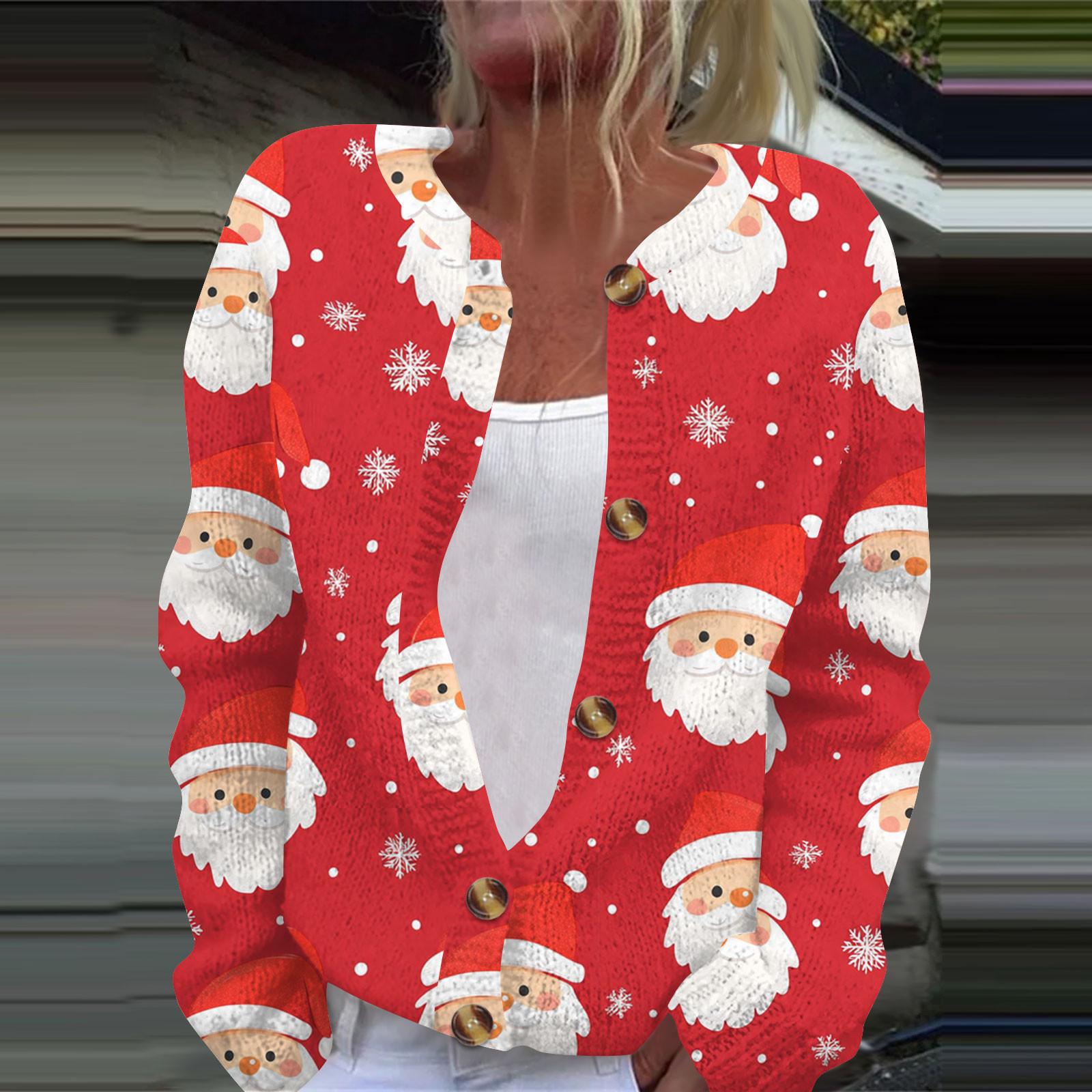 

Женская мода рождественский принт длинный рукав вязаный кардиган пуховик XXL