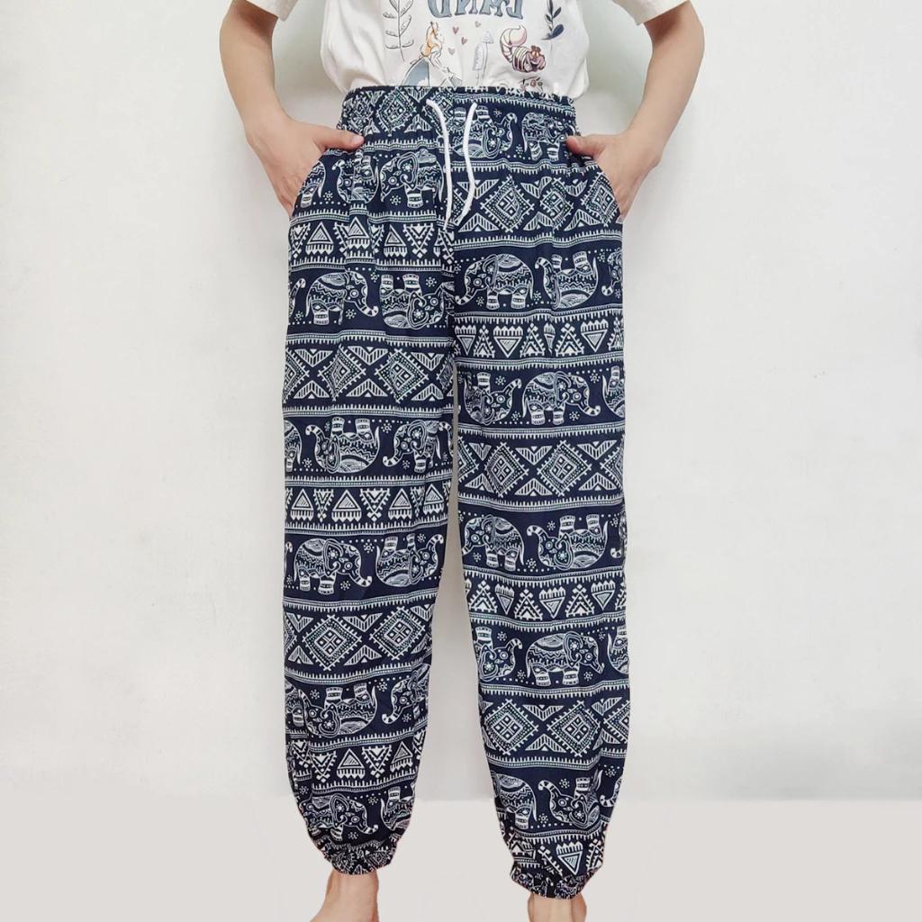 Elephant Jump Pants Pocket Adjustable Elastic High Waistband Strap Unisex Man Women Print Thailand Casual Streetwear Beach Bohemian Retro Vintage