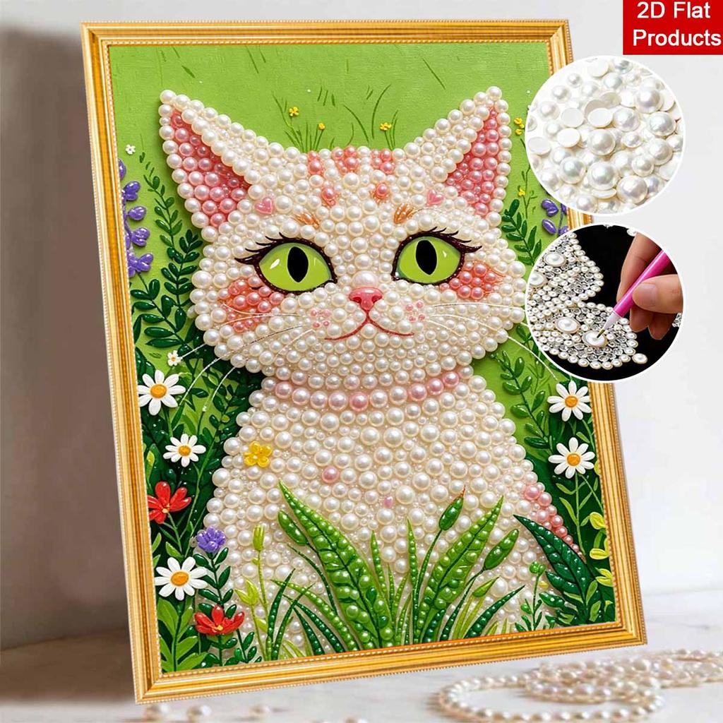 DIY Frameless Pearl Art Painting Kit Cute Cat with Flowers 3D Bead Canvas Handmade Craft for Adults Wall Decoration Gift