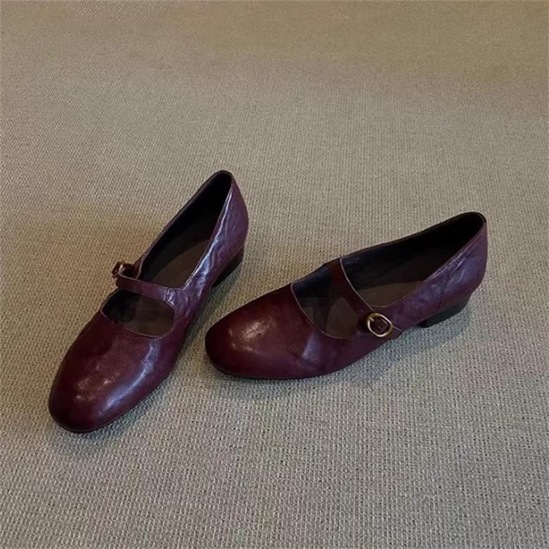 Shallow Mouth Genuine Leather Women's Shoes Flat Mary Jane Shoes Women Retro Simple Low Heel Shoes