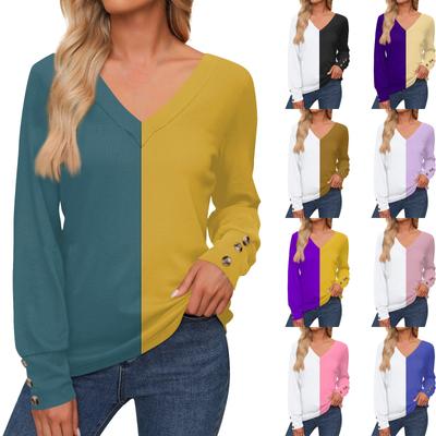 Women's Casual Fashion Splicing Color Long Sleeve Cuffs Button Shirt V Neck Casual Loose T-Shirt Autumn Clothing