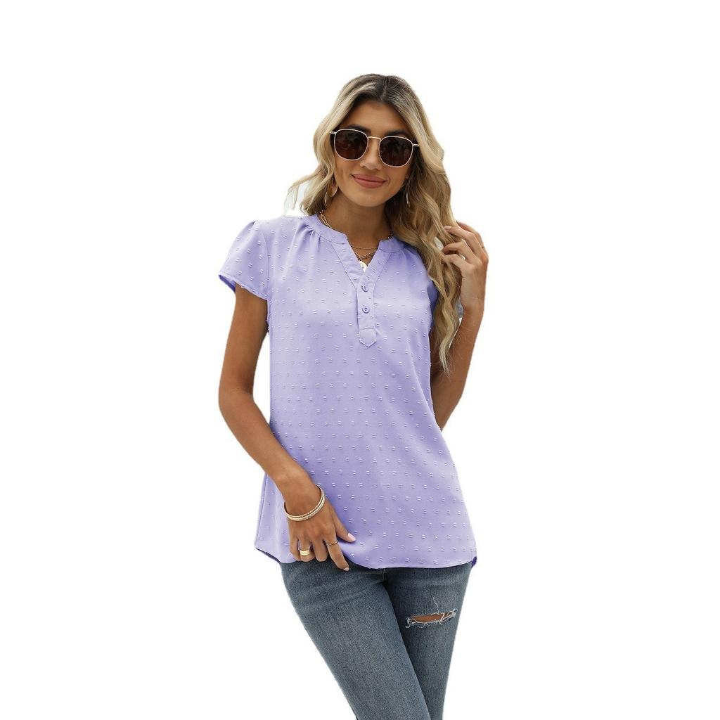 Summer Women's Solid Textured Chiffon Blouse, Loose V-Neck Pullover Short Sleeve Top, European & American Style Casual Top