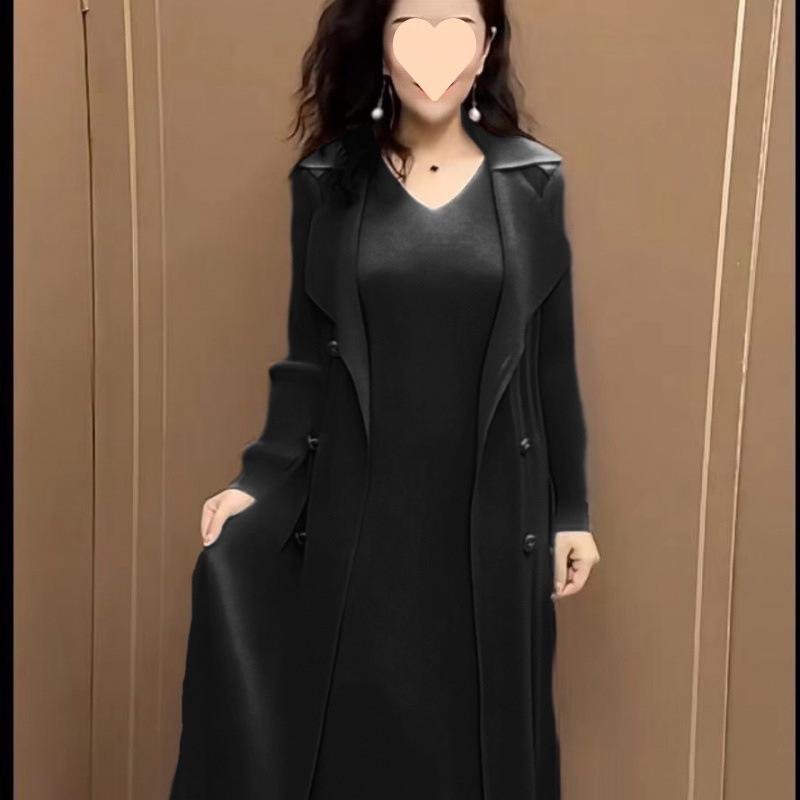 Damen Vielseitiges Übergröße A-Linien-Kleid mit Fake-Zweiteiler-Anzugkragen, Hoher Taille und Elastischem Taillen-Schlankheitsdesign für Frühling und Herbst