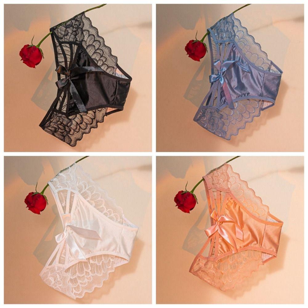 Bowknot Satin Panties Sweet Low Waist Underpants Soft Lace Mesh Briefs  Female