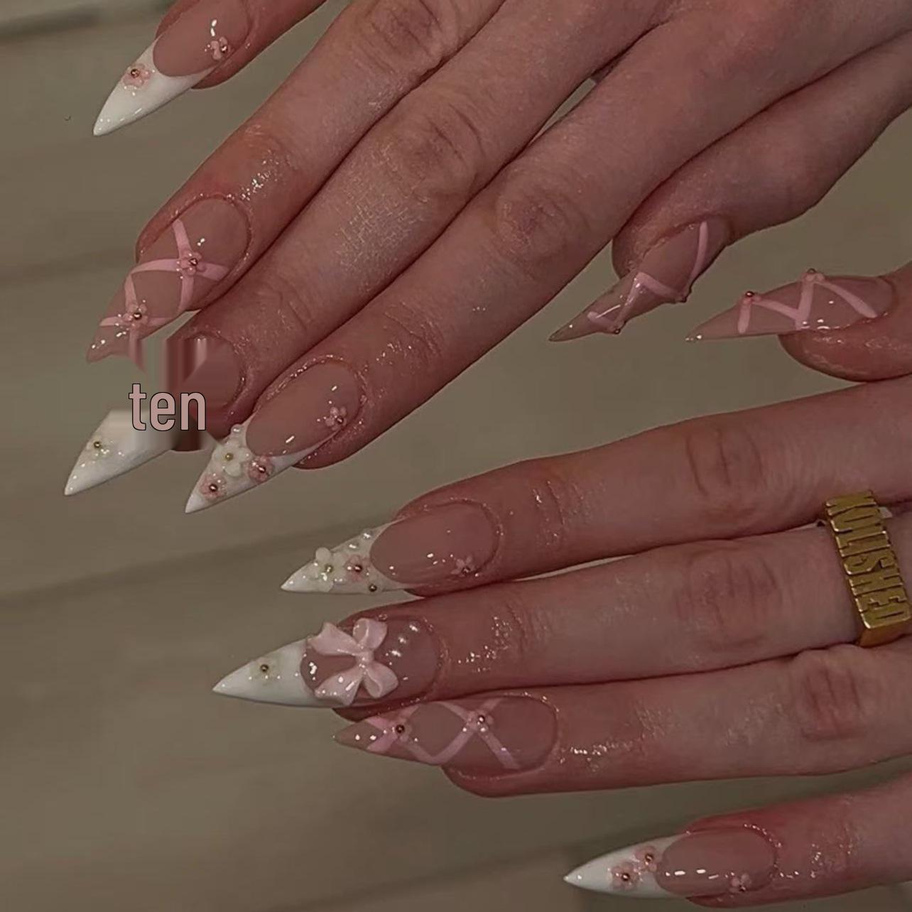 Pink Bow Flower Nail Tips: Long, Cute Manicure Stickers for Wearable Nail Art