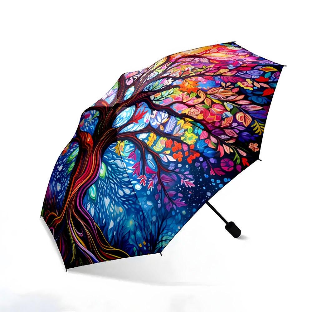 Automatic Folding Umbrella Colorful tree with swirling branches and leaves. Portable collapsible design, casual outdoor access