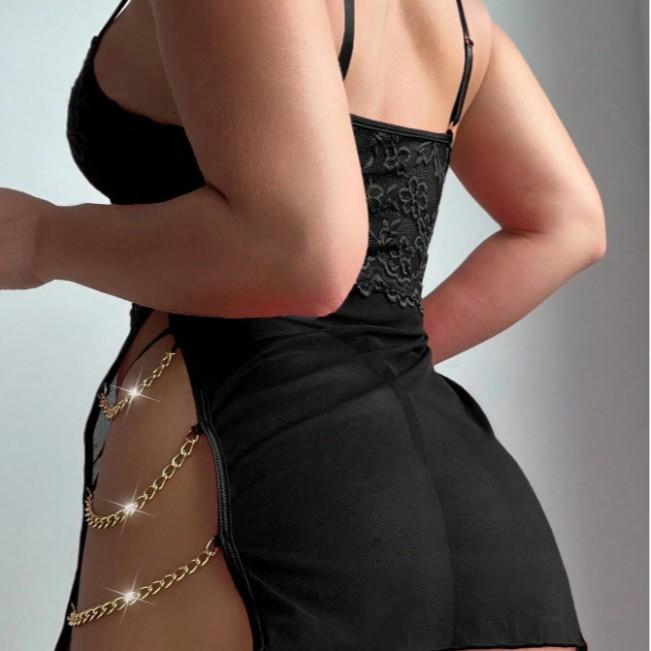 New Sexy Lace Mesh Splicing Open Fork Semi-transparent See-through Erotic Lingerie