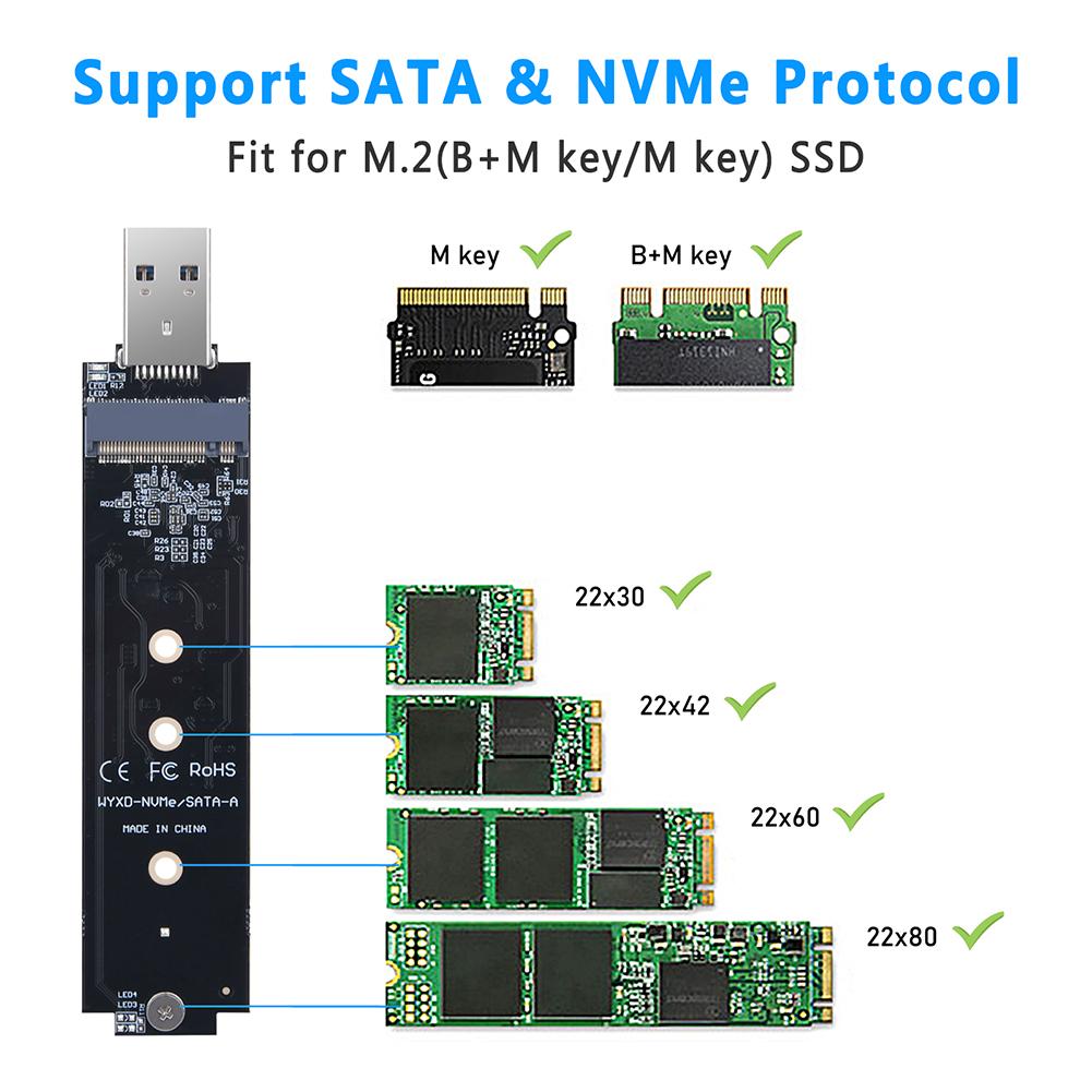 M.2 SSD SATA/NVMe To USB 3.1 Adapter B+M Key/M Key 3.1 SSD Adapter Riser Hard To Box Enclosure Q2R0