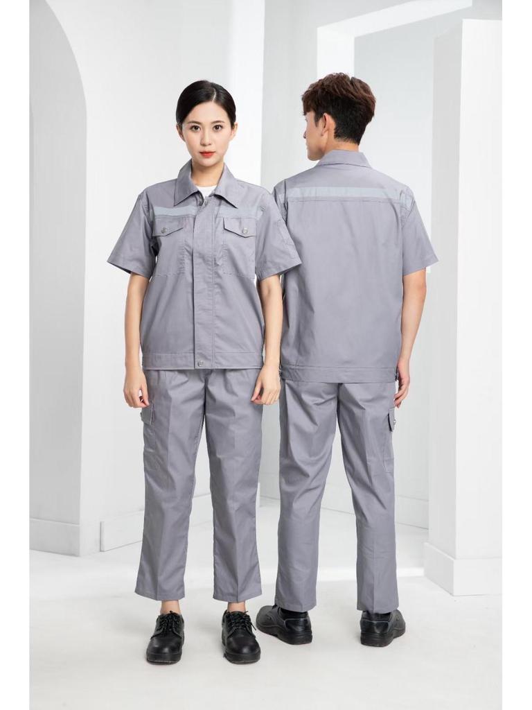 Summer Lightweight Polyester Cotton Reflective Workwear Set - Long Sleeve Protective Clothing for Construction and Workshop Use.