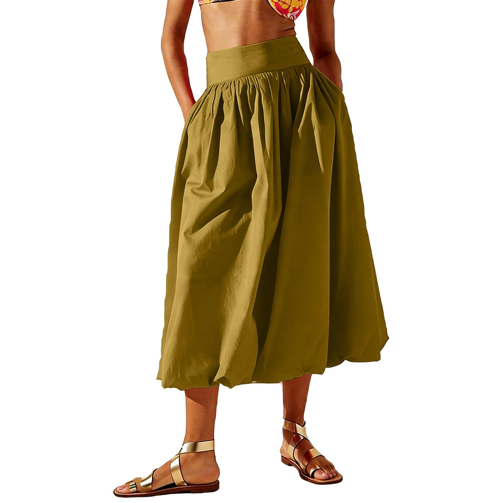 

Women s Midi Skirt With Pockets, Pleated Elastic Waist, Skirt XL зелений