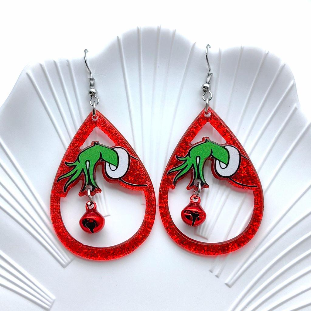 Grinch Green Monster Acrylic Earrings with Love Heart Accents