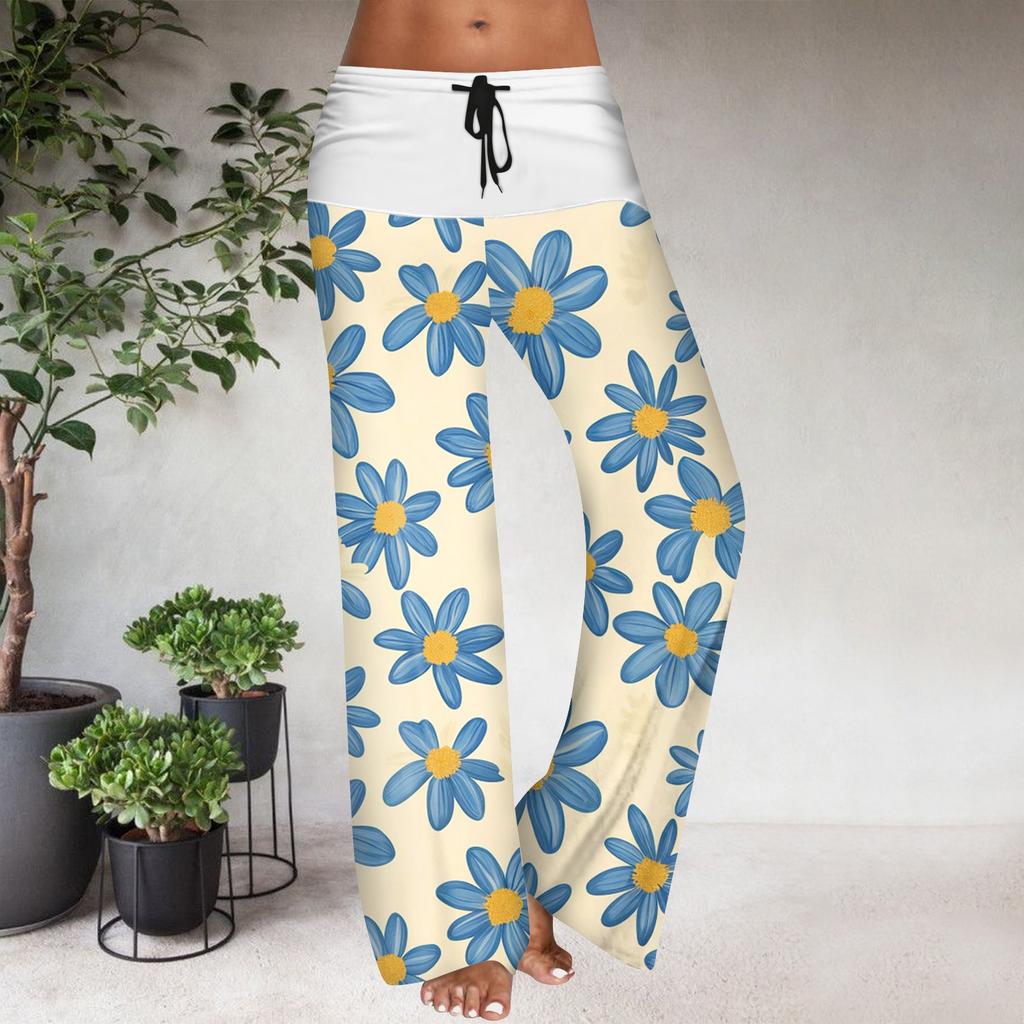Women's Drawstring Elastic Waistband Wide Leg Color Matching Floral Printed Casual Pants