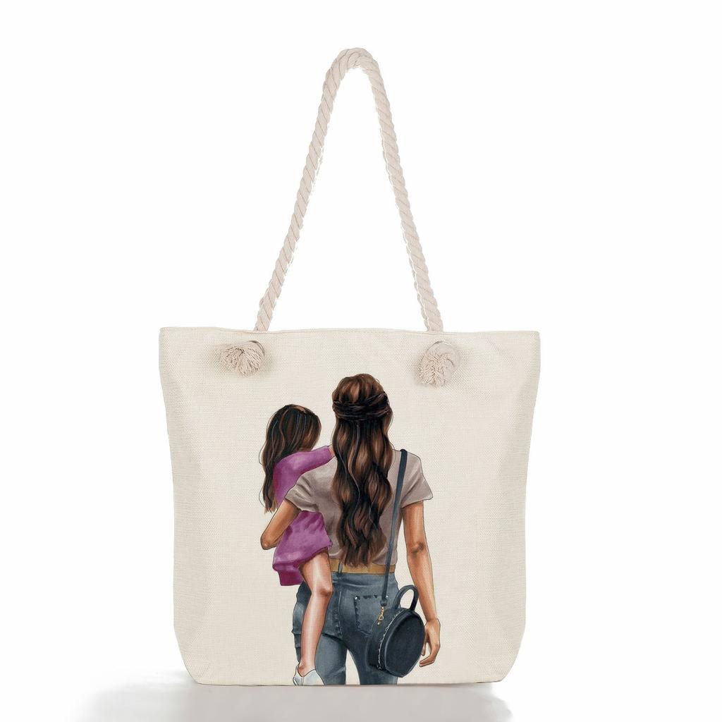 Multifunctional Mom Series Printed Thick Rope Shoulder Beach Bag Casual Large Capacity Handbag 7617