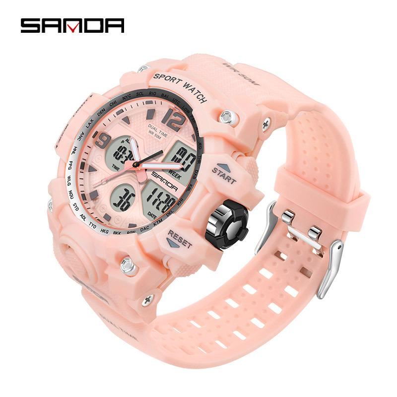 SANDA Women's Trendy LED Dual Display Waterproof Watch with Hourly Chime